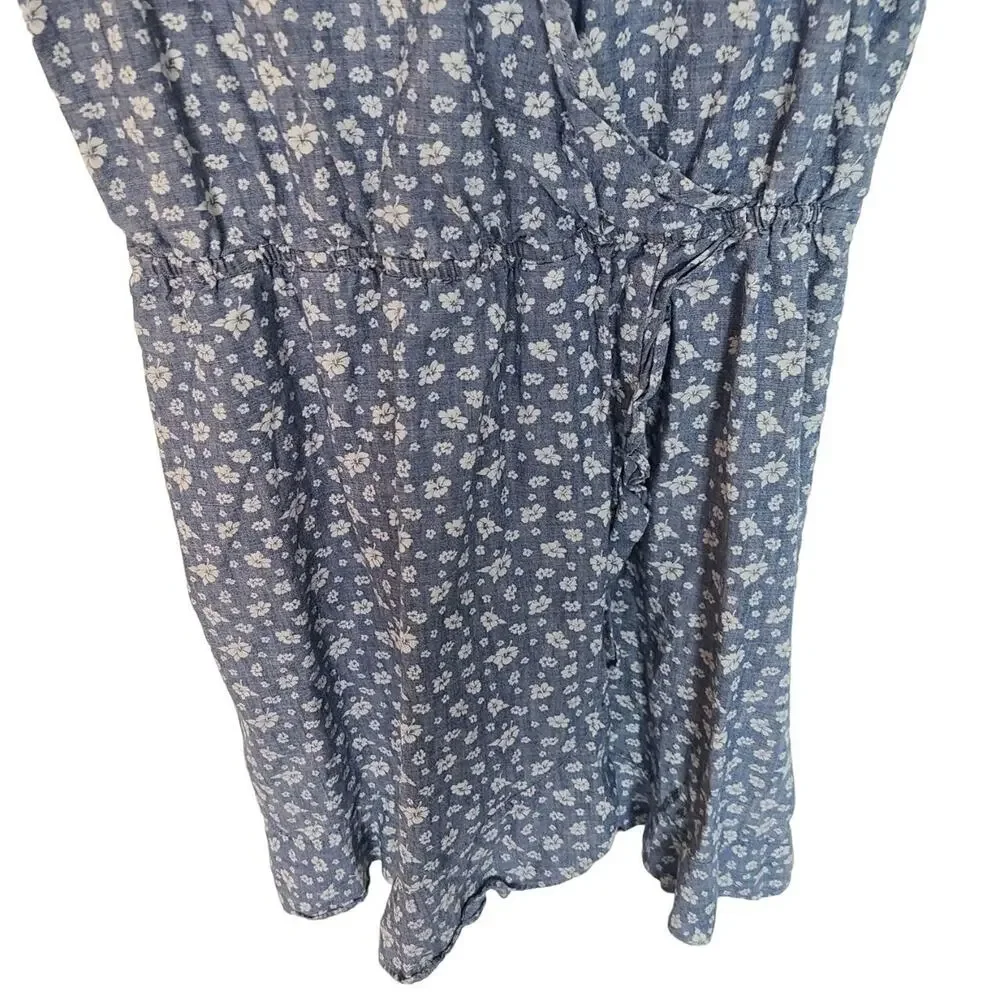 J. Crew Womens Floral Chambray Surplice Mini Dress Size S Ruffle Hem Preppy Tie